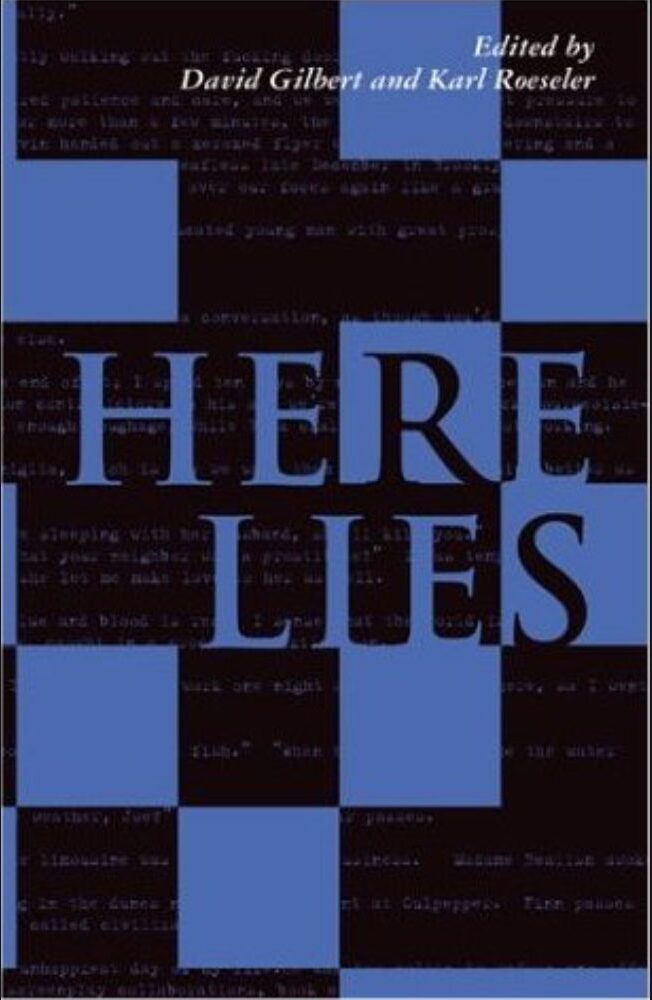 Here Lies" book cover with text pattern.
